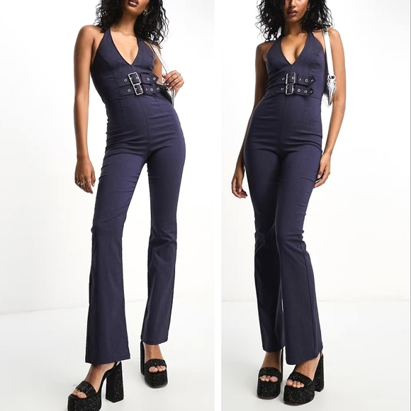 Bershka pinstripe Y2k halterneck jumpsuit buckle - Picture 10 of 11